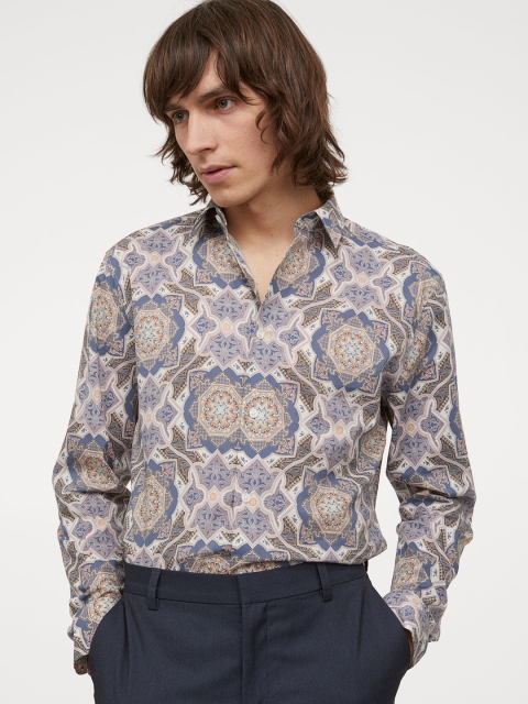 

H&M Men Beige & Blue Printed Shirt Regular Fit