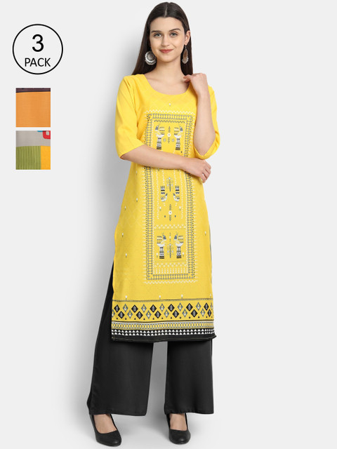 

Ethnic basket Women Pack Of 3 Multicoloured Ethnic Motifs Printed Crepe Kurta, Multi
