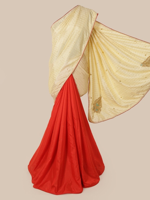 

Pothys Cream-Coloured & Red Art Silk Checked Saree