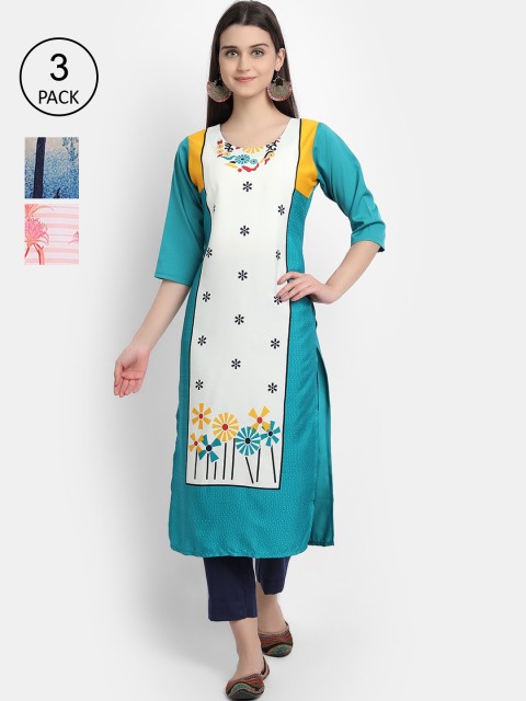 Ethnic basket Women Pack Of 3 Multicoloured Floral Printed Crepe Kurta, Multi
