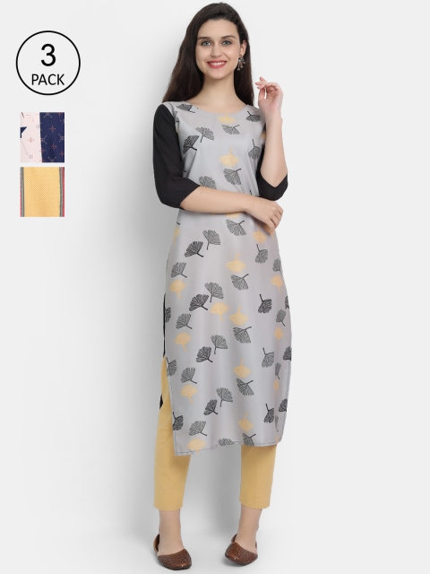 

Ethnic basket Women Pack Of 3 Ethnic Motifs Printed Crepe Kurta, Grey