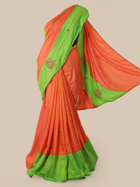 

Pothys Peach-Coloured & Green Art Silk Embellished Saree
