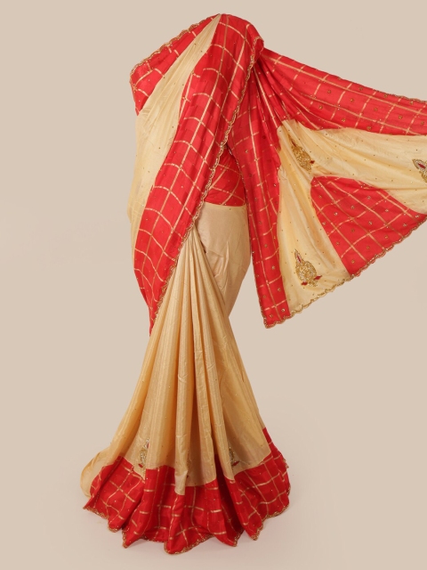 

Pothys Cream-Coloured & Red Art Silk Solid Saree