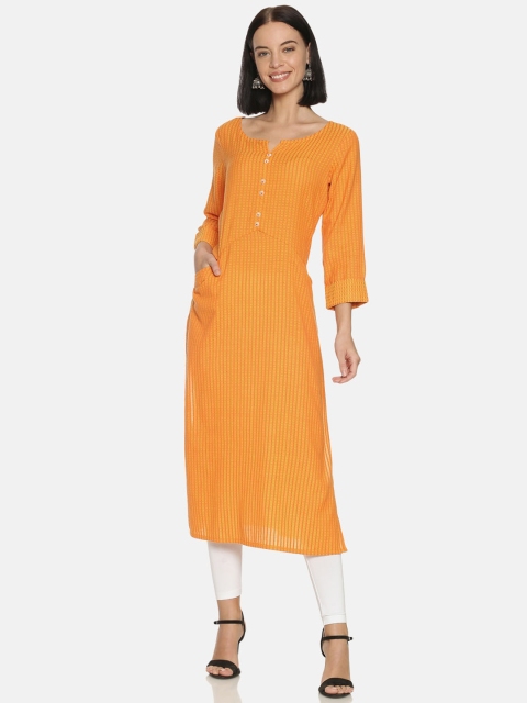 

Saffron Threads Women Orange Checked Dobby Kurta