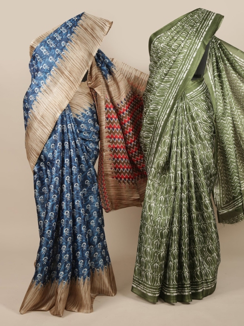 

Pothys Olive Green & Blue Set of 2 Jute Silk Printed Saree