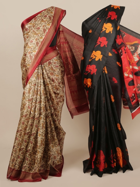 

Pothys Cream-Coloured & Black Pack of 2 Jute Silk Printed Saree
