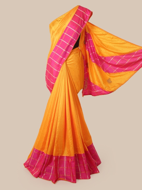 

Pothys Mustard Solid Embellished Art Silk Saree