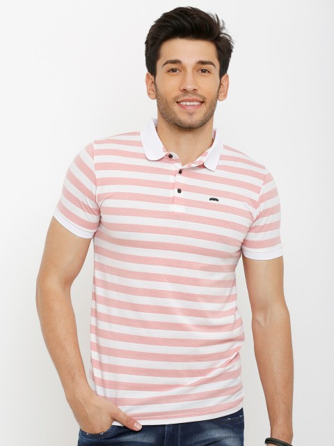 

Rex Straut Jeans Men Pink & White Striped Polo Collar Slim Fit Cotton T-shirt