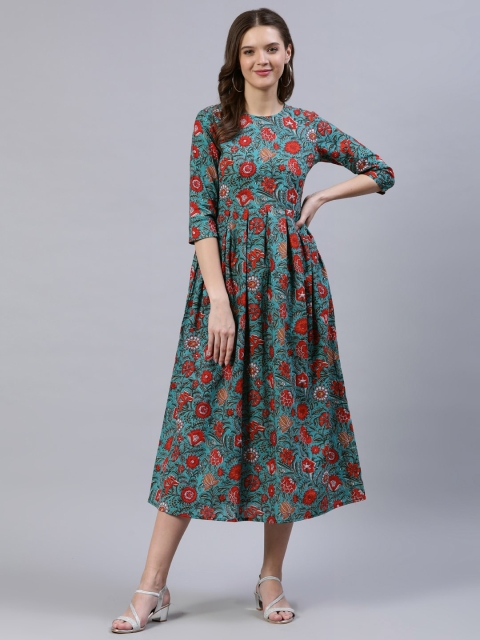 

Nayo Green Floral A-Line Midi Dress