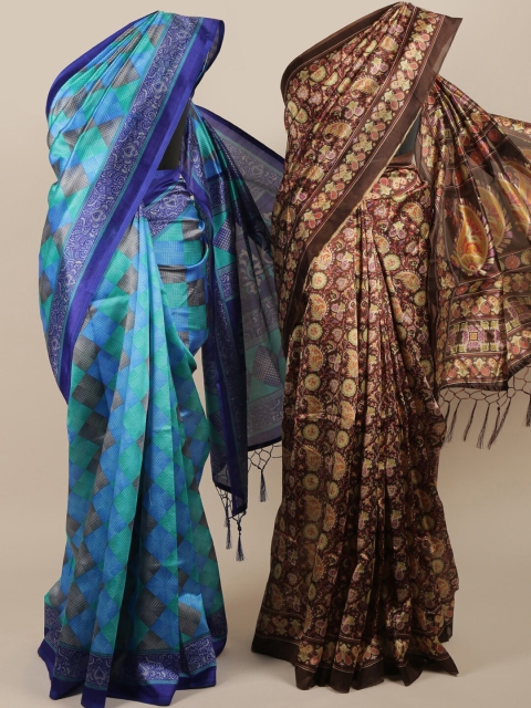 

Pothys Pack Of 2 Blue & Brown Jute Silk Printed Sarees