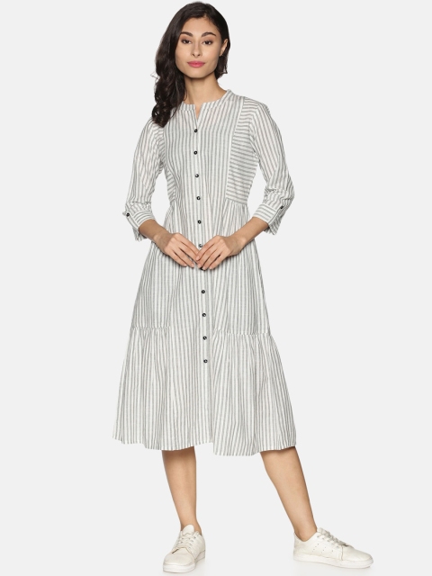

Saffron Threads Women White & Grey Striped A-Line Tiered Midi Dress