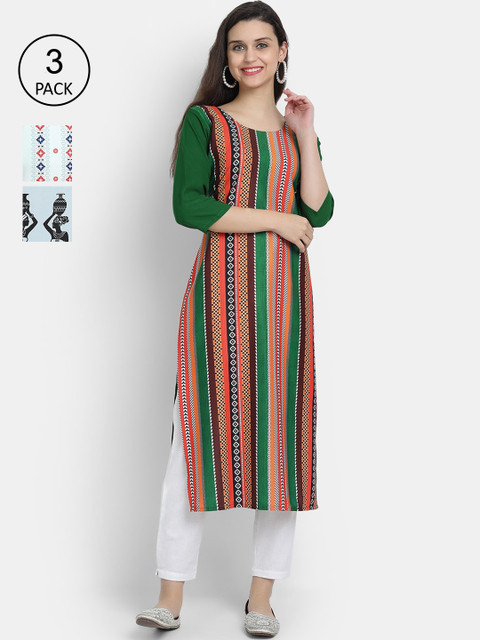 

Ethnic basket Women Pack Of 3 Multicoloured Striped Crepe Kurtas, Multi