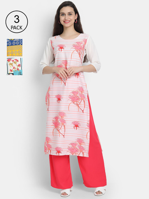 

Ethnic basket Women Pack Of 3 Floral Printed Crepe Kurta, White