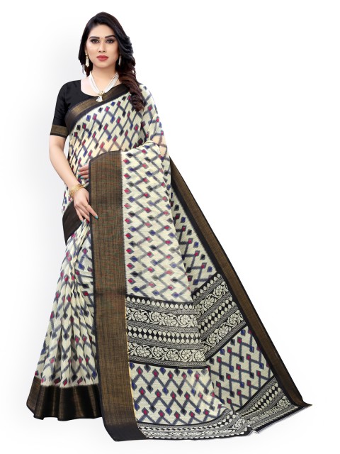 

KALINI Cream-Coloured & Black Polycotton Printed Saree