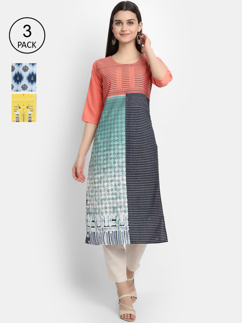 

Ethnic basket WomenPAck Of 3 Multicoloured Printed Crepe Kurta, Multi