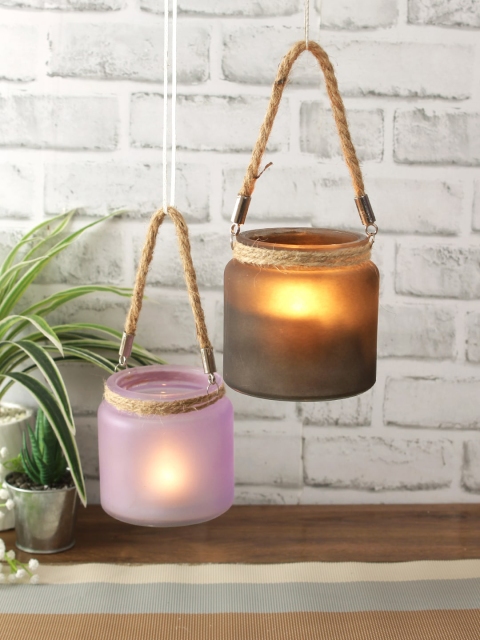 

Aapno Rajasthan Set Of 2 Hanging Bucket-Style Glass Tealight Candle Holders, Purple