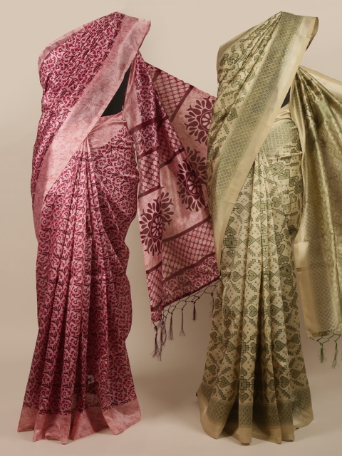 

Pothys Pack Of 2 Pink & Green Jute Silk Printed Sarees