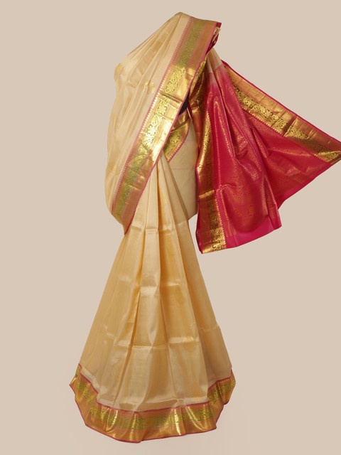 

Pothys Cream-Coloured & Maroon Pure Silk Woven Design Kanjeevaram Saree