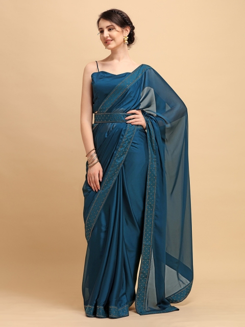 

Sangria Teal Solid Silk Blend Belted Saree