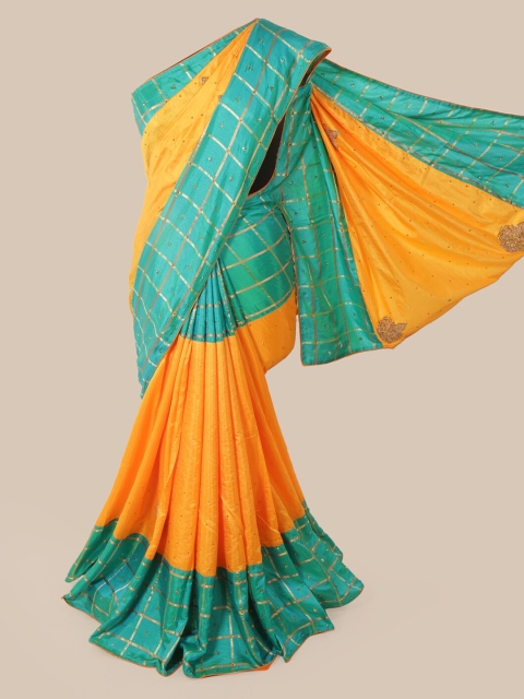 

Pothys Mustard & Sea Green Art Silk Solid Saree