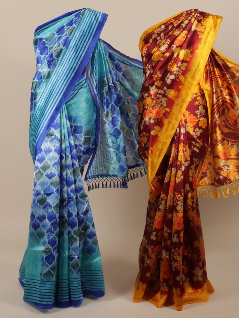 

Pothys Pack Of 2 Blue & Maroon Jute Silk Woven Design Saree