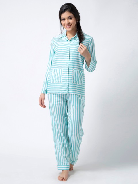 

ADORENITE Women White & Turquoise Blue Striped Night suit