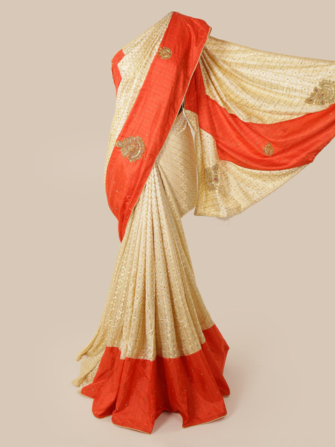 

Pothys Cream-Coloured & Orange Art Silk Woven Design Saree