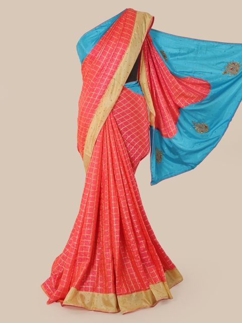 

Pothys Pink & Gold-Toned Art Silk Checked Saree