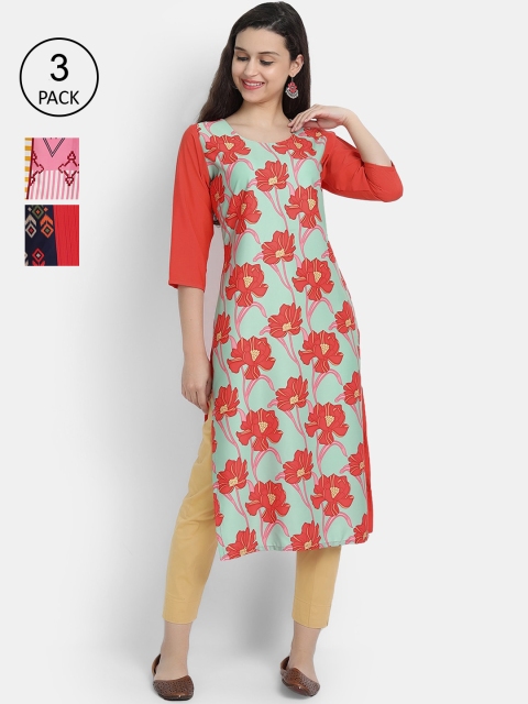 

Ethnic basket Women Pack Of 3 Geometric Printed Crepe Kurta, Red