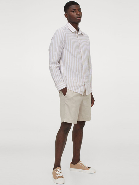 

H&M Men White & Beige Striped Linen-Blend Shirt Slim Fit