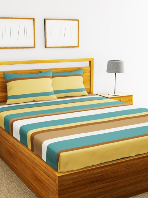 

BIANCA Blue & Yellow Striped 152 TC Polyester 1 Queen Bedsheet with 2 Pillow Covers