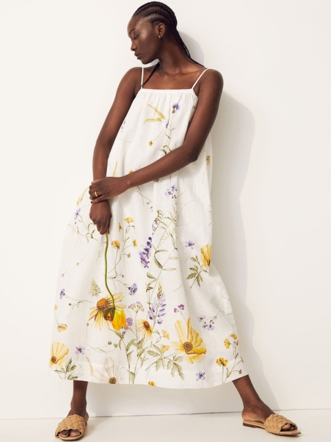 

H&M Women White Floral Printed Linen-Blend A-Line Dress
