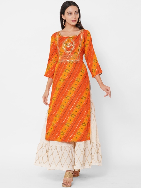 

FASHOR Women Yellow & Orange Bandhani Print & Zari Embroidered Straight Kurta