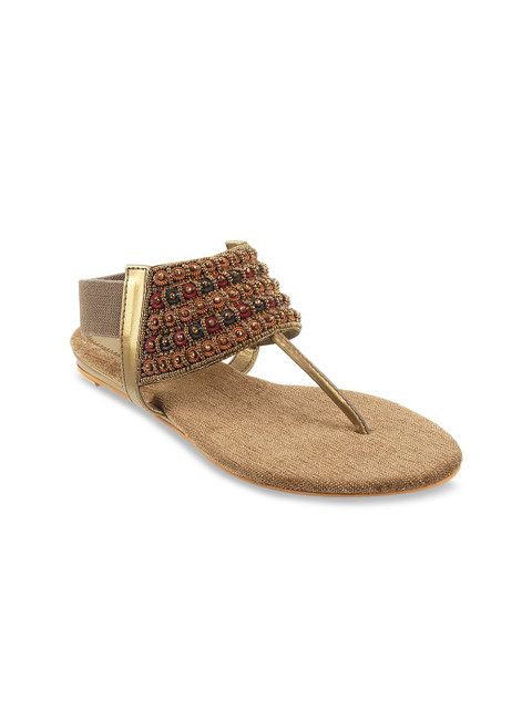 

WALKWAY Women Gold-Toned & Green Ethnic Embellished T-Strap Flats
