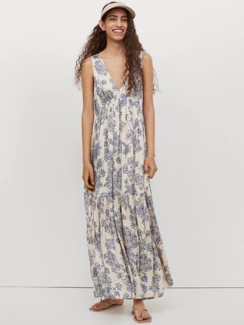 

H&M Women Blue & Beige Floral Printed Long V-neck Maxi Dress