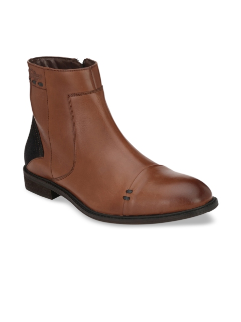 

Delize Men Brown & Black Colourblocked Mid-Top Leather Flat Boots