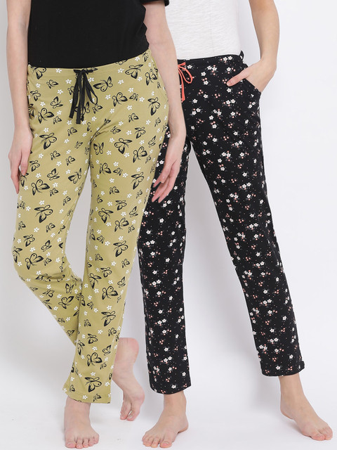 

Kanvin Women Pack Of 2 Printed Cotton Lounge Pants, Olive
