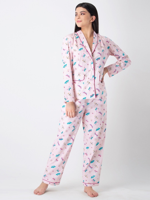 ADORENITE Women Pink Printed Blazer Top with Pyjama Set