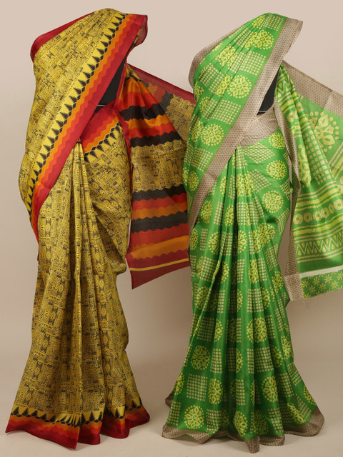 

Pothys Pack of 2 Yellow & Green Jute Silk Printed Saree