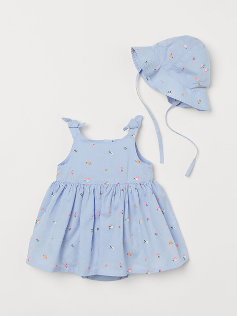 

H&M Girls Blue Printed Cotton Fit & Flare Dress with Sun Hat