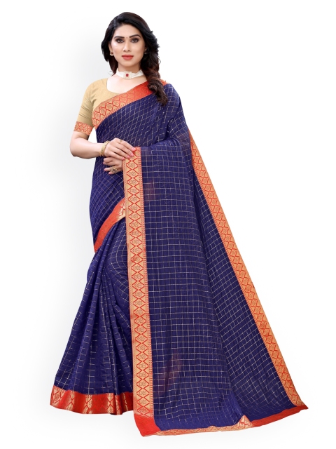 

KALINI Navy Blue Checked Polycotton Saree
