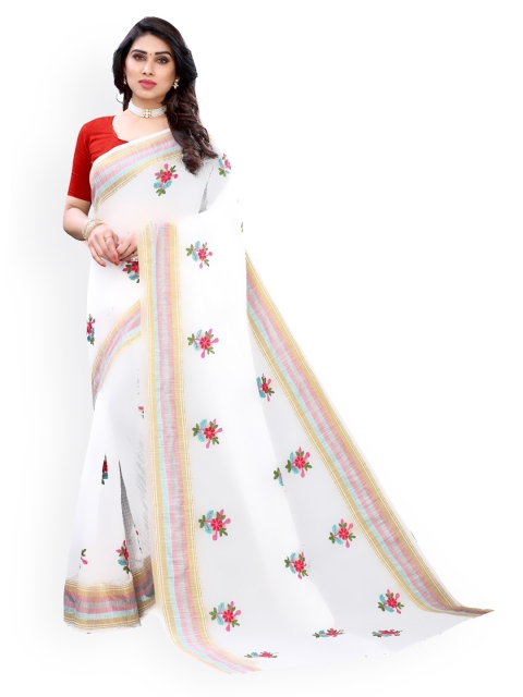 

KALINI White & Red Polycotton Embroidered Saree