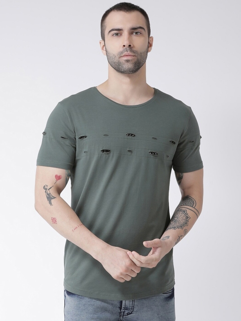 

Rex Straut Jeans Men Olive Green Cut Outs Slim Fit T-shirt