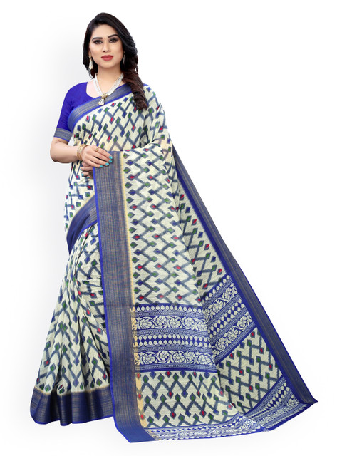 

KALINI Cream-Coloured & Blue Polycotton Printed Saree