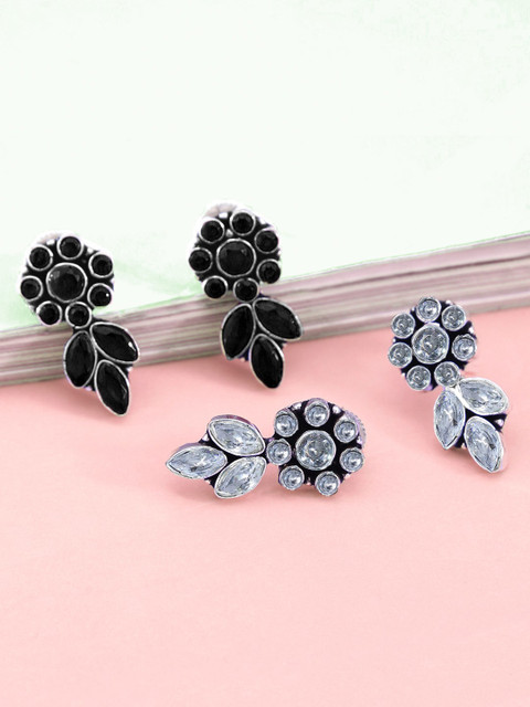 

Yellow Chimes Set of 2 Silver-Plated Stone Studded Floral Handcrafted Drop Earrings, Black