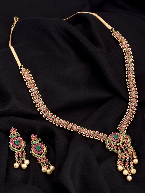 

Saraf RS Jewellery Gold-Plated Pink & Green AD-Studded & Pearl Beaded Handcrafted Jewellery Set