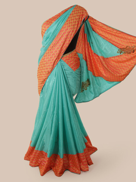

Pothys Teal Solid Art Silk Saree