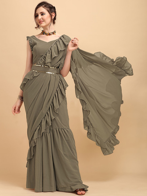 

Sangria Taupe Solid Poly Georgette Saree