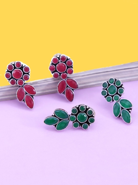 

Yellow Chimes Set of 2 Silver-Plated Stone Studded Floral Oxidised Drop Earrings, Red