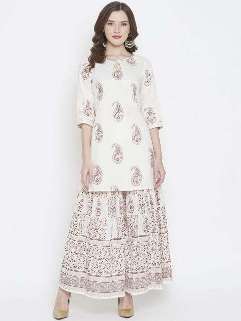 

TULIP 21 Women Off White Paisley Printed Regular Straight Keyhole Neck Pure Cotton Kurta